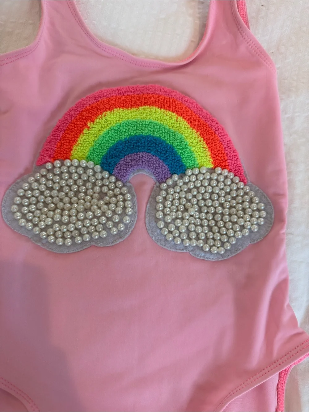 Girls' Pink Rainbow One-Piece Swimsuit with Pearl Clouds